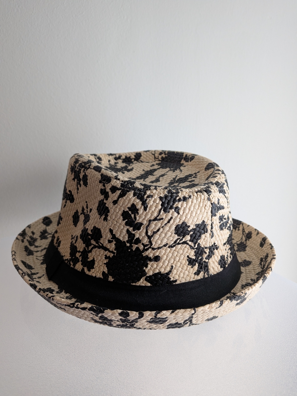 ASOS Cream Straw Fedora with Black Floral Print and Black Band